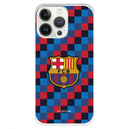 Funda para iPhone 13 Pro del Barcelona Escudo Fondo Cuadros - Licencia Oficial FC Barcelona