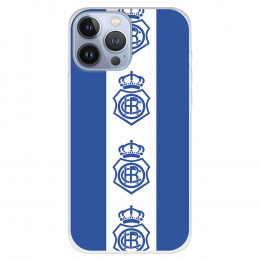 Funda para iPhone 13 Pro Max del Recre Fondo Azul Escudos Patrón Verticales  - Licencia Oficial Real Club Recreativo de Huelva