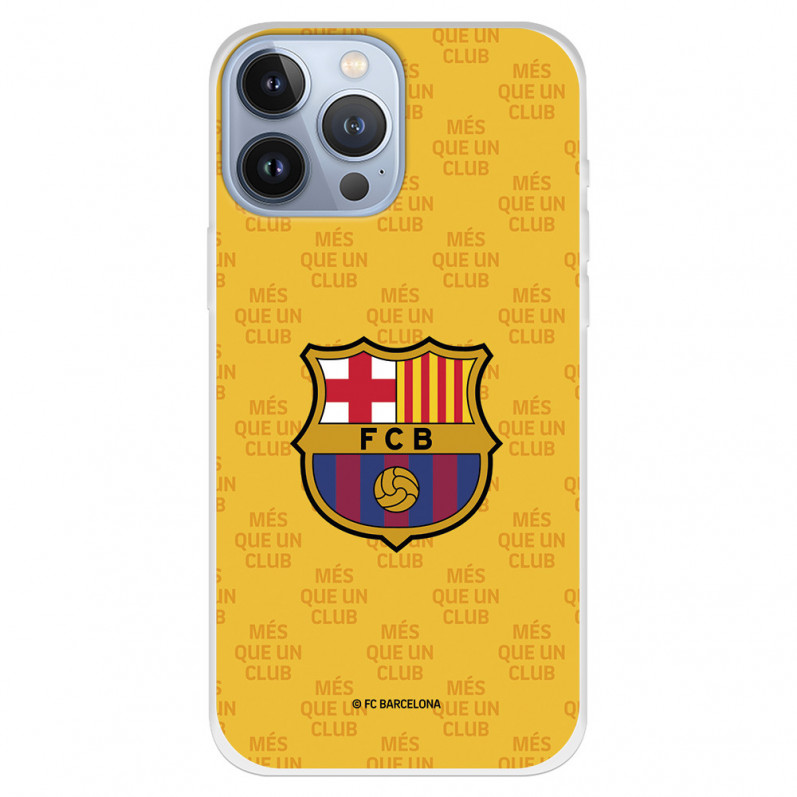 Funda para iPhone 13 Pro Max del Barcelona Escudo Mes que un Club Fondo Amarillo - Licencia Oficial FC Barcelona