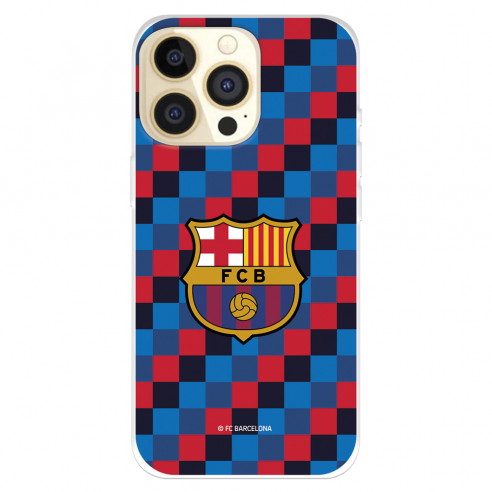Funda para IPhone 14 Pro del FC Barcelona Escudo Fondo Cuadros  - Licencia Oficial FC Barcelona