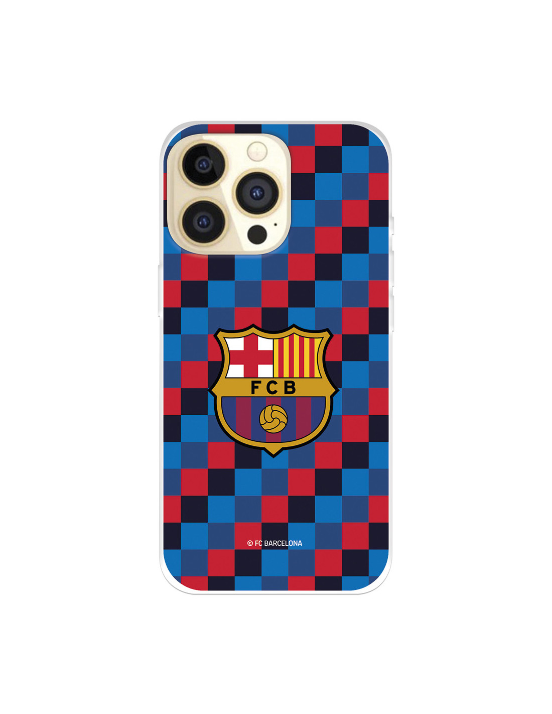 Funda para iPhone 14 Pro del FC Barcelona Escudo Fondo Cuadros