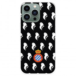Funda para IPhone 14 Pro Max del RCD Espanyol Escudo Patron Fondo Negro  - Licencia Oficial RCD Espanyol