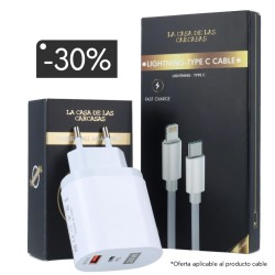 Pack Carga - Cargador carga rápida USB/C + cable Tipo C/Lightning